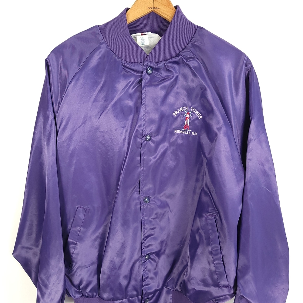 Vtg Branch Tower NC Bomber Satin Jacket Men's XL Purple West Ark Distressed USA